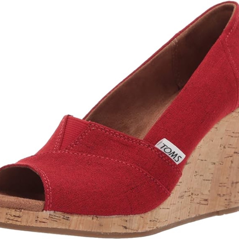 Toms Red Canvas Peep-Toe Espadrille Wedge